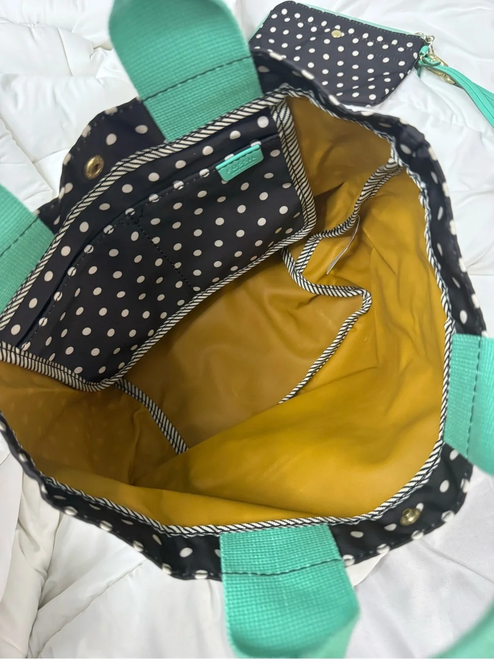 Mini Fossil Black Polka Dot Tote with Mint Handles & Matching Wallet